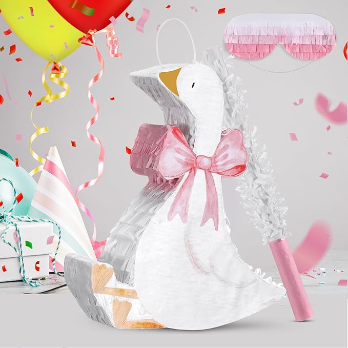 Pink Goose Piñata 3D Goose Birthday Decoration with a Blindfold and Bat for Kids Girls Boys Gift Holiday Piñata Party Baby Shower Supplies