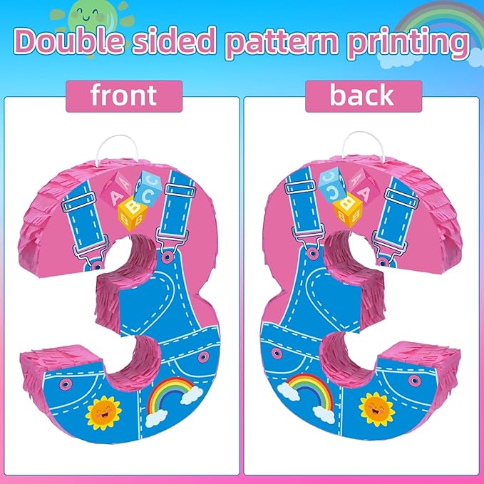 Pink Party Decorations,15.7‘’ Pink Number 3 Pinata with Stick Blindfold Confetti for Girls Boys 3rd Anniversary Party Decorations & Supplies (3rd)