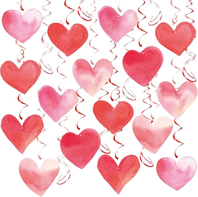 Red Pink Heart Hanging Swirl Decorations, Foil Ceiling Hanging Whirls for Valentines Day Decorations Galentines Birthday Engagement Wedding Party Supplies 24 Pcs