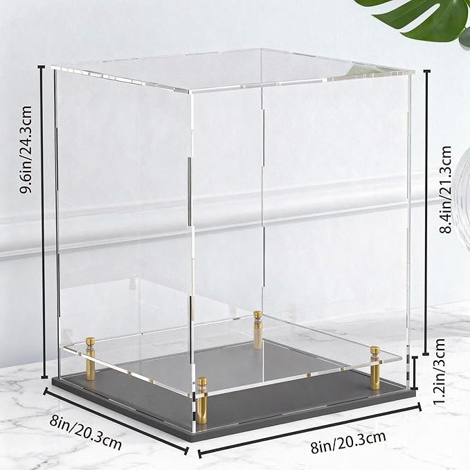 Acrylic Display Case for Collectibles, Dustproof Acrylic Box with Clear Display Elevation & Gold Risers, Large Display Case for Figures Toys Memorabilia, 8" L x 8" W x 9.6" H