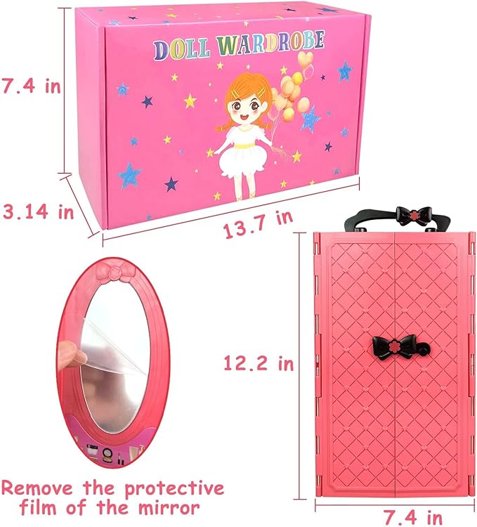 84 Pack Doll Clothes and Accessories with Doll Closet for 11.5 Inch Doll Fashion Design Kit Girl Including Wedding Dress Fashion Dress Outfits Tops and Pants Shoes Hangers Bags Necklaces