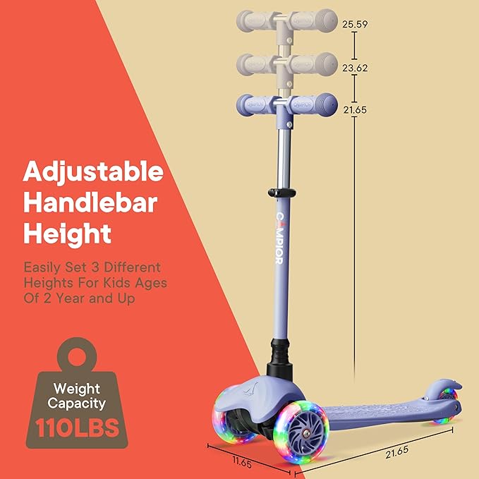 Gray Mini 3 Wheel Scooter for Kids – Lean-to-Steer Kick Scooter with LED Light-Up Wheels, Adjustable Handlebar, Wide Anti-Slip Deck, Smooth PU Wheels, Rear Foot Brake – Suitable for Ages 2+