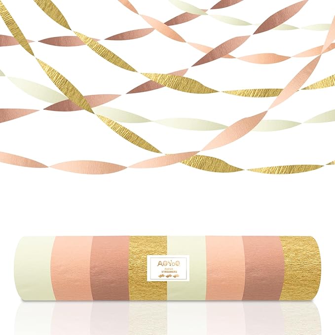 AOYOO Rose Gold Pink Streamers - 6 Rolls Metallic Gold & Blush Crepe Paper Streamer Decorations for Birthday, Wedding, Bridal Shower, Baby Shower, Bachelorette - Elegant Boho Hanging Backdrop Decor