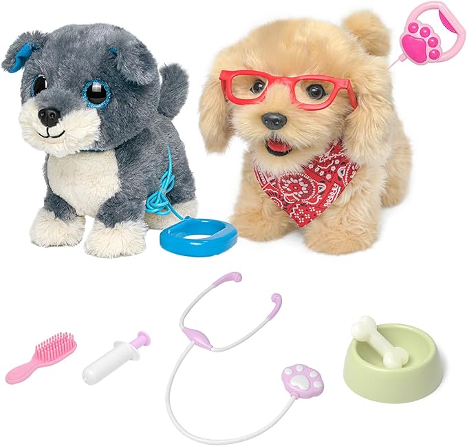 YH YUHUNG 2Pcs Walking and Barking Toy Dog with Remote Control Leash, Golden Retriever Electronic Interactive Toys for Kids - Walks, Barks, Wags Tail, Pretend Dress Up