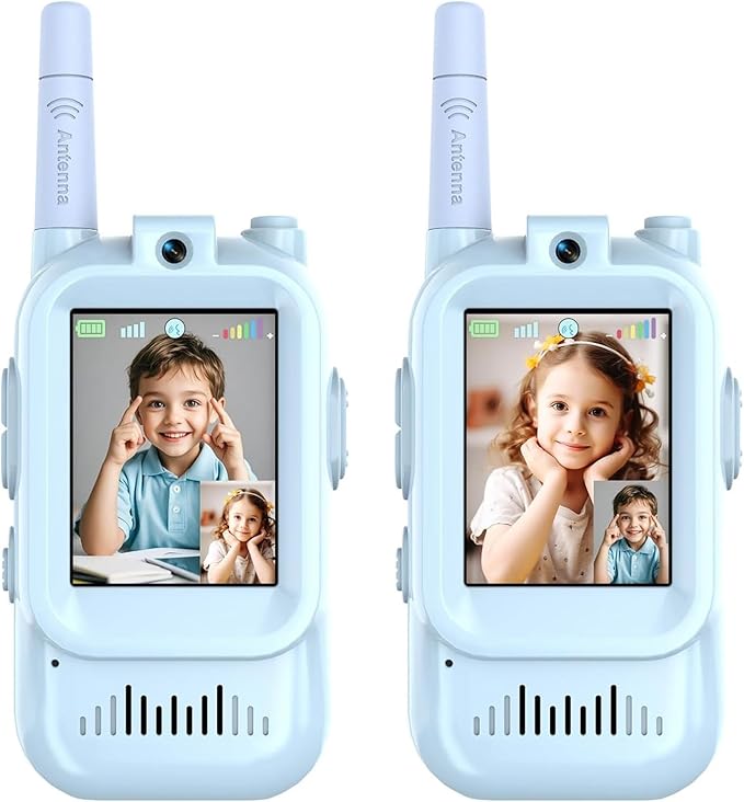 Walkie Talkies for Kids, Video Walkie Talkies 2 Pack with Screen Display, Rechargeable Toy Radios for Ages 3-12, Voice Changer & Real-Time Video Chat, Long Range, Gifts for Boys Girls (Blue & Blue)