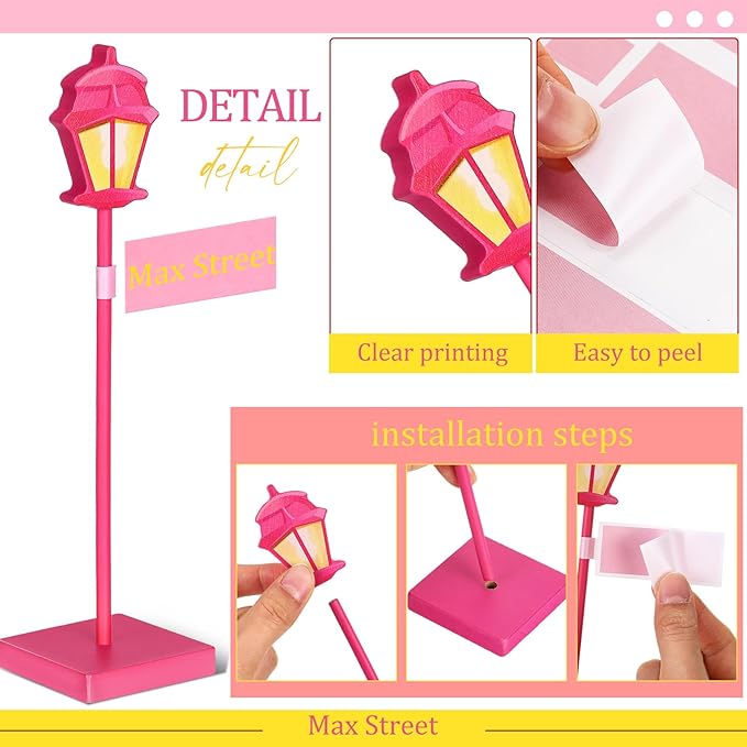 6 Pcs Street Sign Lamp Post Centerpiece Wooden Lamp Post with Street Party Sign Sticker for Toy Decor Friend Birthday Party Supplies Decoration(Pink)