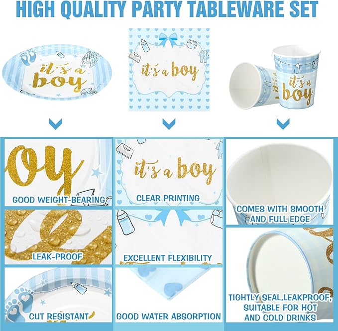 200 Pcs Blue Baby Shower Paper Plates Napkins Cups Boy Baby Shower Party Supplies Tableware Set Blue Disposable Cup Napkin for 50 Guest Boys Spring Party Decoration