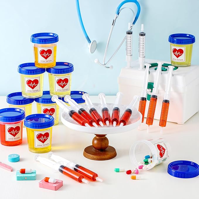 46 Pcs Nursing Graduation Party Supplies Set Plastic Syringe Urine Sample Cups with Lids Sticky Label for Nurse Congrats Grad Favors Bsn Rn Lpn Party Decorations