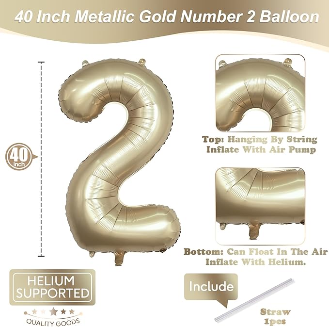 Champagne Gold 2 Balloons, 40 Inch Giant Metallic Helium Mylar Foil Number 0-9, Light Gold 2nd Birthday Balloon for Boys Girls, Morados Numero Two for Women Anniversary Party Decorations