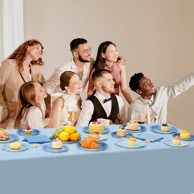 LemonRoad 100 Pcs Dusty Blue Paper Plates and Napkins and Plastic Tablecloth Set, Gradient Blue Disposable Dinner and Dessert Plates Tableware for Birthday Party Wedding Supplies Decoration