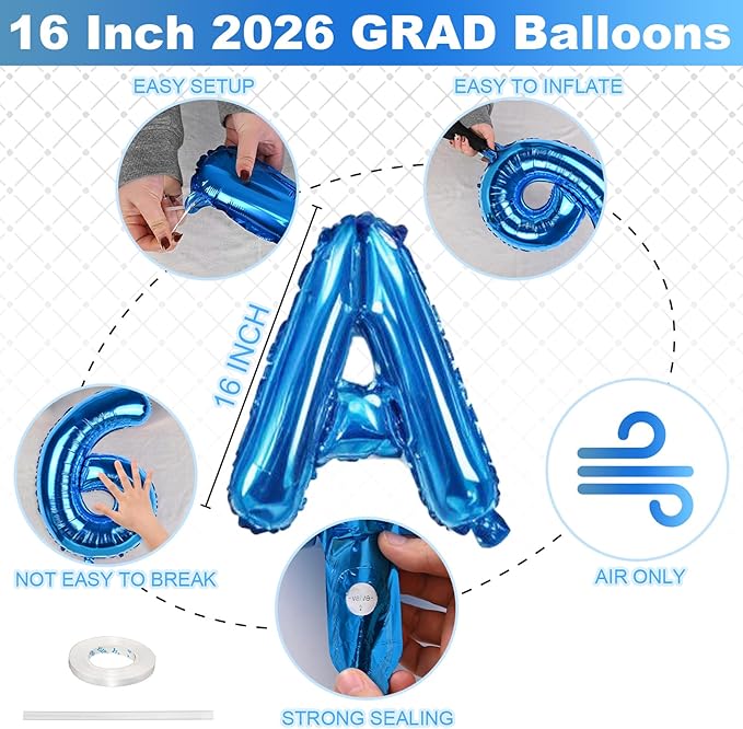 Blue 2026 GRAD Congrats Balloons, 16 Inch Matte Blue Grad Foil Balloons Banner Sign for Graduation Decorations 2026, College High School Class of 2026 Graduate Congratulations Party Decor Supplies