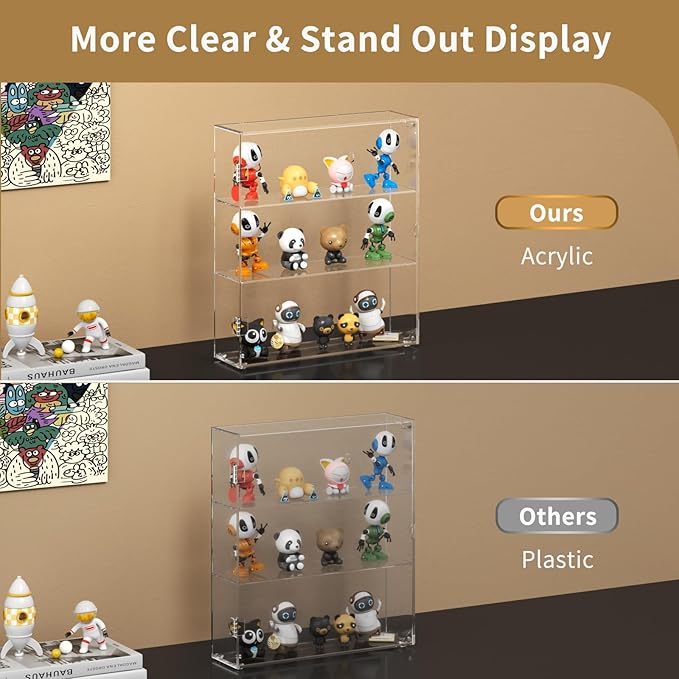 NIUBEE Acrylic Display Case, Clear Display Case for Funko Pop Figures, Wall Mounted or Desktop Dustproof Display Cabinet Box for Collectibles ,Rock,Crystals,Mini Toys,Amiibo (3 Tiers)