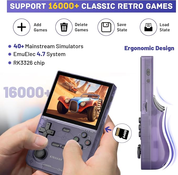 Kinhank K36 Handheld Retro Game Console with 9000+Games,Mini Retro Game Console with 64GB TF Card,Portable Gaming Console,3.5 Inch IPS Screen(Purple)