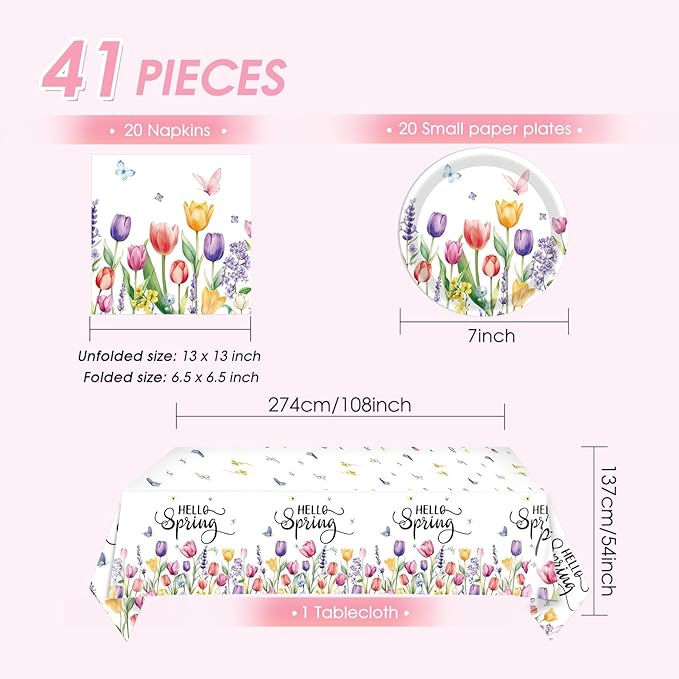 41Pcs Flower Party Decorations Tableware Set, Tulip Spring Floral Paper Plates Napkins and Tablecloth Disposable Party Supplies for Spring Summer Picnic Wedding Tea Party Mother's Day, Serve 24 Guests