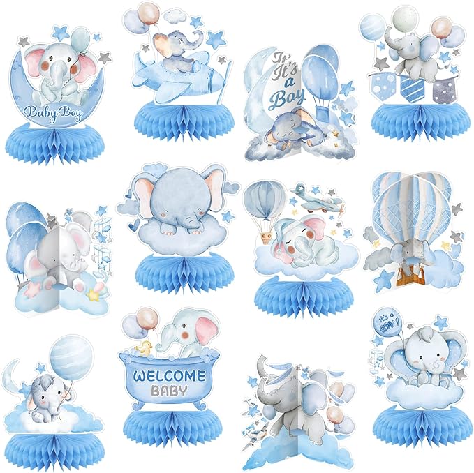 12 Pcs Blue Elephant Honeycomb Baby Shower Decorations Table Centerpieces Balloons Star Moon Elephant Table Topper Decoration for Gender Reveal Birthday Party Favors Supplies