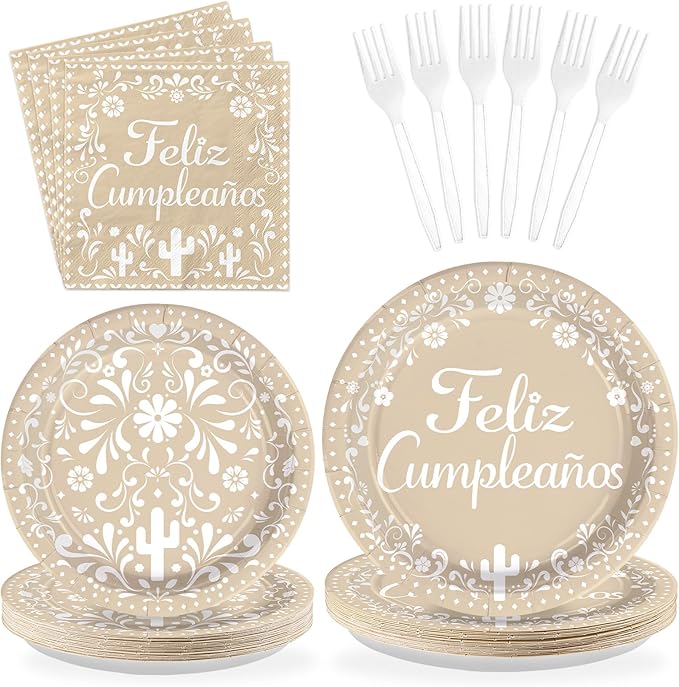 96Pcs Feliz Cumpleaños Party Supplies Floral Mexican Fiesta Happy Birthday Plates and Napkins Mexico Clay White Flowers Cactus Cino De Mayo Tableware Set for Birthday Party Decorations Serves 24