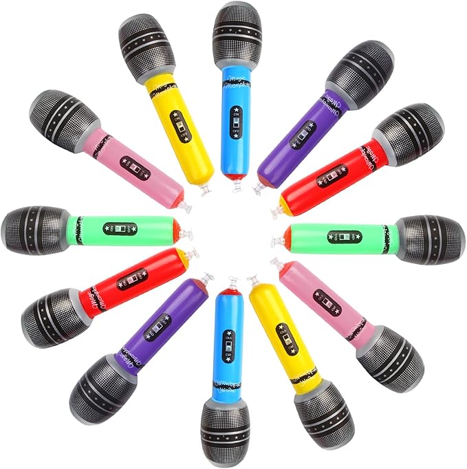 KIMOBER 12PCS Inflatable Microphones,Colorful Blow up Microphones Stage Act Mic Props for Pretend Play Party Favors Supplies