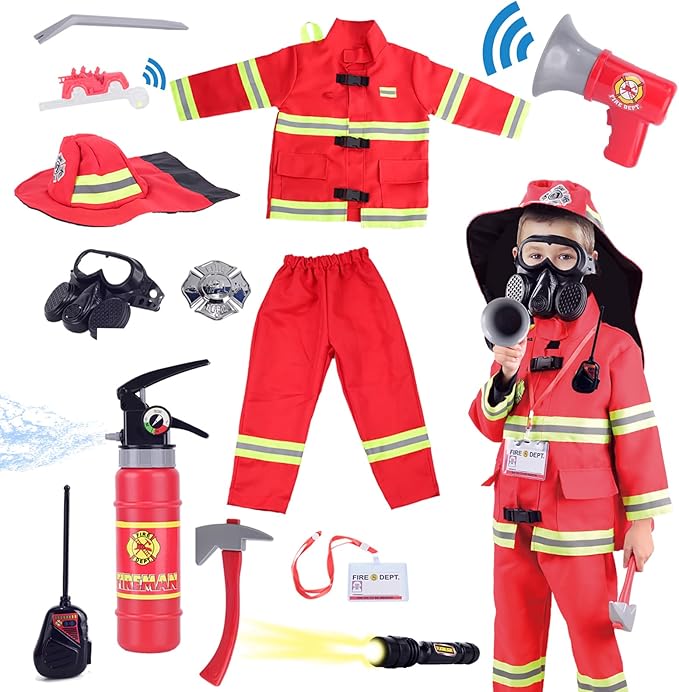 13 piece Kids Fireman Costume Firefighter Dress-Up Toy Set for Children Boys and Girls Fire Chief Pretend Role Play with Accessories