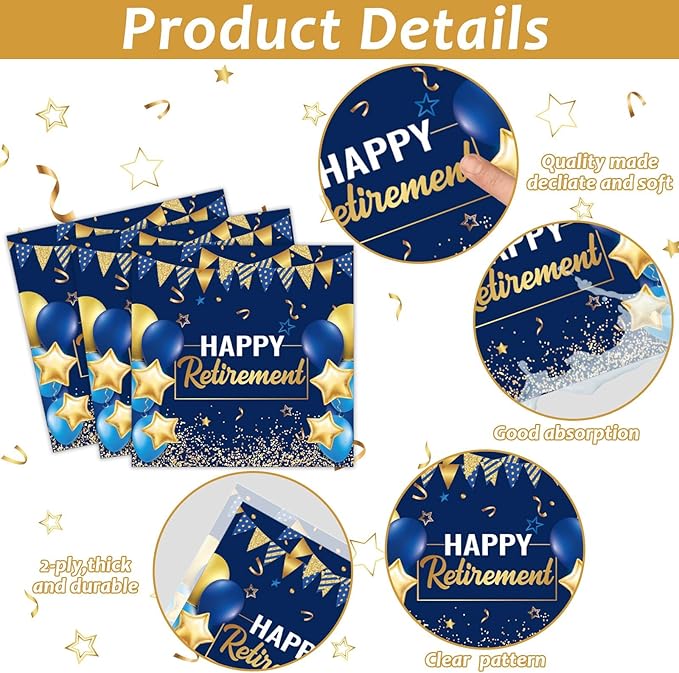 96 Pcs Retirement Party Supplies Paper Plates Napkins Blue Gold Happy Retirement Party Tableware Decorations Favors for Men Women Decor Serves 24
