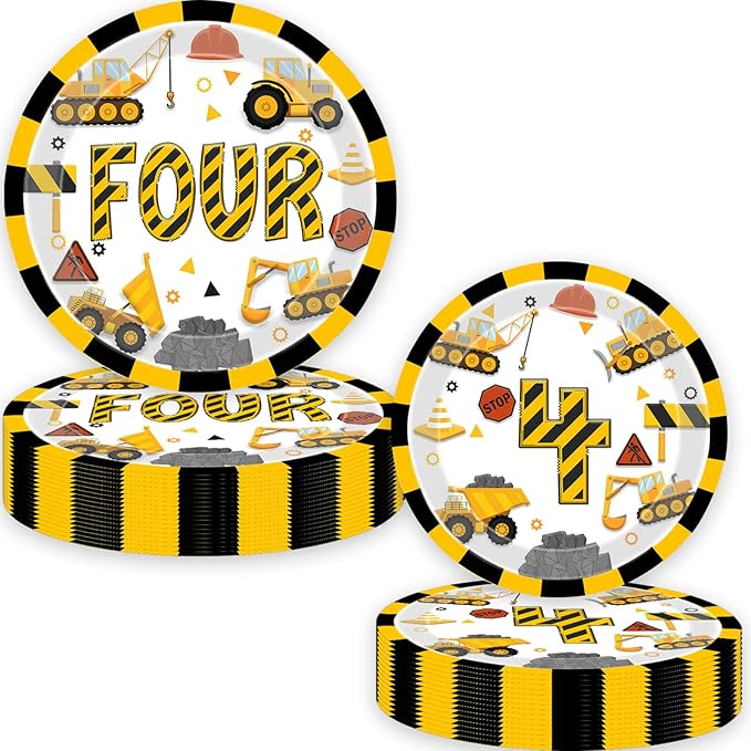 Construction 4th Birthday Party Plates Dump Truck Four Years Old Disposable Paper Dinner Plates Dinnerware for Construction Theme Fourth Birthday Party Supplies Decorations