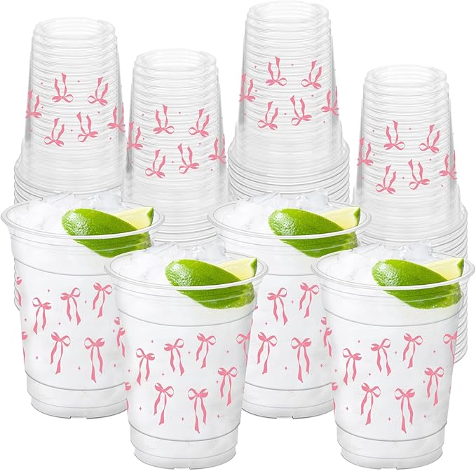 50 Pcs Pink Bow Cups, 12 oz Cute Bow Plastic Cups for Wedding Baby Shower Birthday Party Decorations Favors