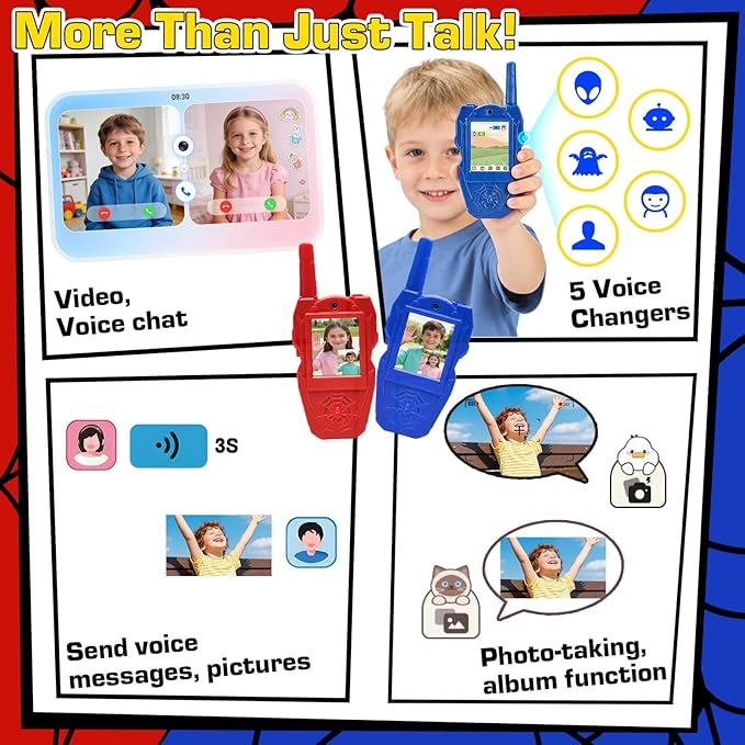 YOTOY Video Walkie Talkies for Kids, Toys for Kids, Boys and Girls Age 3-8, Outdoor Outside Camping Games, with Camera - Rechargeable, Long Range, Birthday Gifts for 3 4 5 6 7 8 Year Old (Spider)