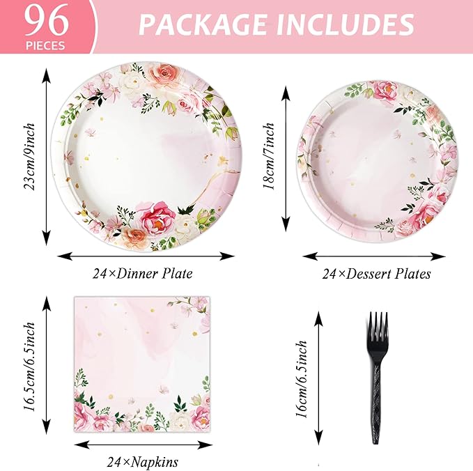 gisgfim 96 Pcs Floral Party Plates and Napkins Party Supplies Pink Spring Theme Flower Party Tableware Set Watercolor Floral Tea Party Decorations Favors for Bridal Baby Shower Serves 24
