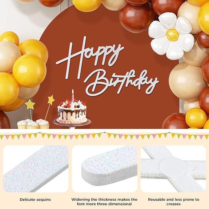 Babenest Flash White Felt Happy Birthday Sign - Reusable Strong Adhesion Banner for Backdrop, Balloon Arch Decor, Reception Party Supplies Birthday Party Baby Shower Decorations