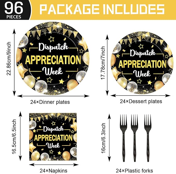96PCS Dispatch Appreciation Week Party Paper Plates and Napkins Thank You Party Decor Black Gold Work Anniversary Tableware for Staff Employee Party Gatherings Decorations