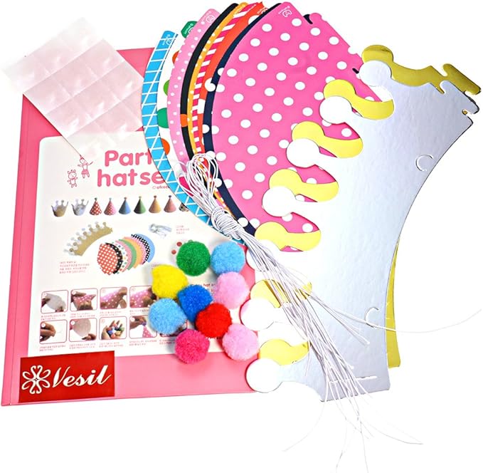 Party Hats for Kids Birthday Hats, DIY Mini Cone and Crown Set with Pom Poms, Small Paper Caps for Stuffed Animals, Pets or Toddler Decorations, Assorted Rainbow Colors