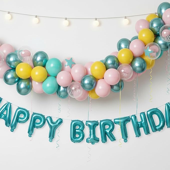 Blue and Yellow Balloons, 50Pcs 12 Inch Macaron Pink Blue Teal Yellow Metallic Green Clear Balloons for Boys Girls Ocean Birthday Beach Party Decorations Sea Baby Shower Supplies