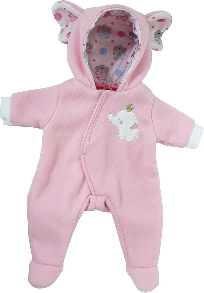 JC Toys | Berenguer Boutique | Baby Doll Outfit | Pink Elephant Themed Hooded Onesie | Ages 2+ | Fits Dolls 14"- 16"