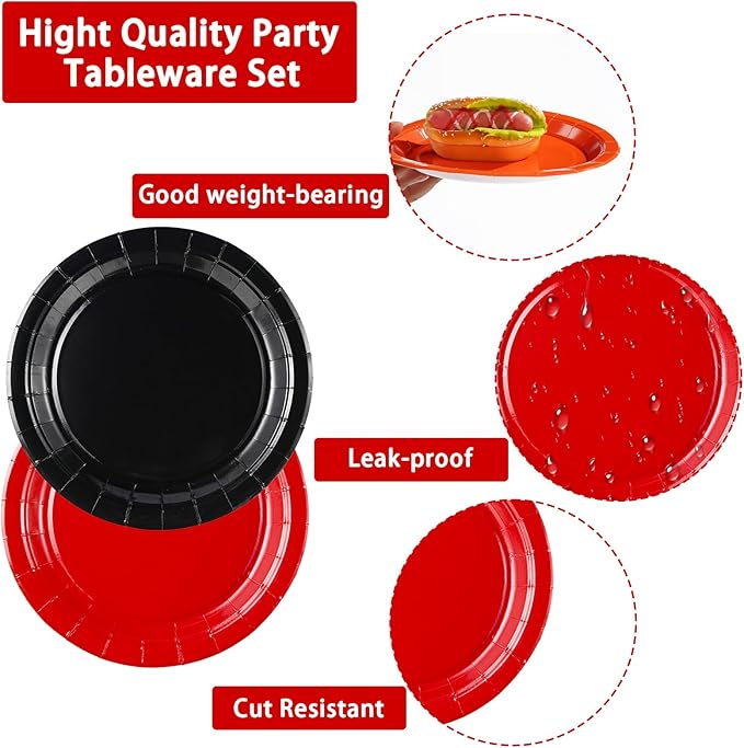 96 Pcs Red and Black Party Supplies Stranger Black and Red Paper Plates and Napkins Disposable Graduation Tableware Set for Congrats Grad Holiday Red Black Wedding Birthday Party Decorations Serves 24