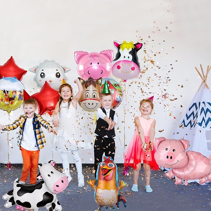 37pcs Farm Animal Theme Party Balloons, Cupcake Farm Cow Print Sheep Pig Donkey Mylar Foil Balloons Baby Shower Boy Girl Birthday Party Decor Supplies (red)