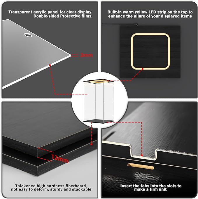 Nynelly Acrylic Display Case for Zimomo Labubu with Light, Clear Display Box for Large Collectibles Doll, Assemble Dustproof LED Showcase Storage Box with Door, 13.8x11.8x23.6in, Black