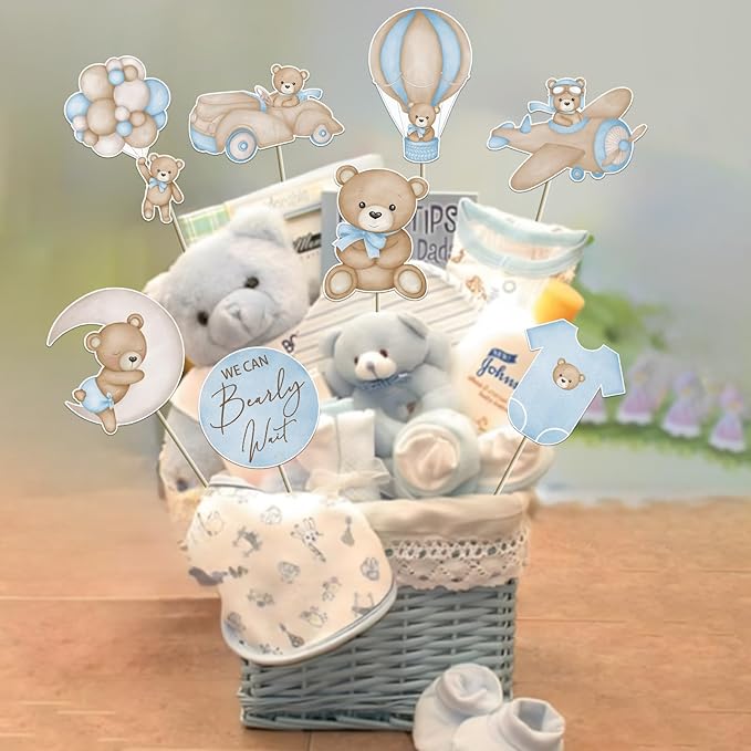 16Pcs We Can Bearly Wait Centerpieces for Baby Shower Decorations Blue Bear Baby Shower for Boys Birthday Party Supplies