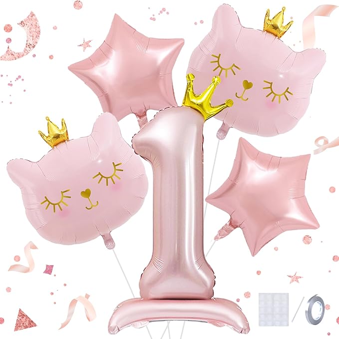 Pink Cat Balloon Set,1 Year Old Girl Birthday Party Decoration, Crown Cat Foil Balloon, Cat Theme Decoration, Theme Party Supplies for Girls Kitten (1)