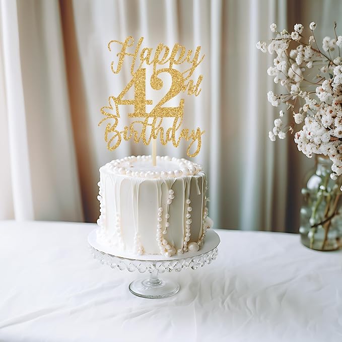 Happy 42nd Birthday Cake Topper, Cheers to 42 Years, Gold Glitter Party Supplies