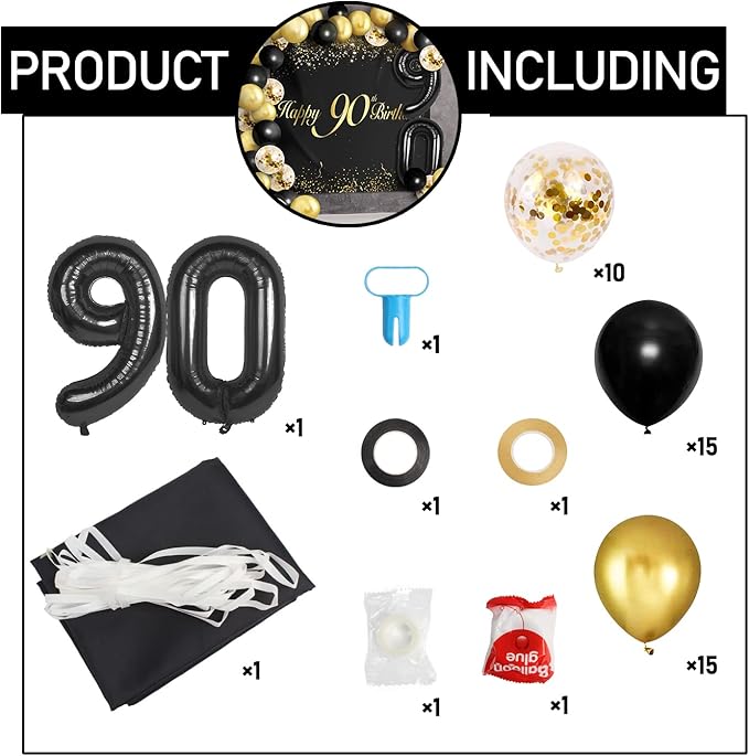 Happy 90th Birthday Balloons Black Set Decor - Cheers to 90 Years Old Party Theme Garland Banner Backdrop Decorations For Women and Men Supplies
