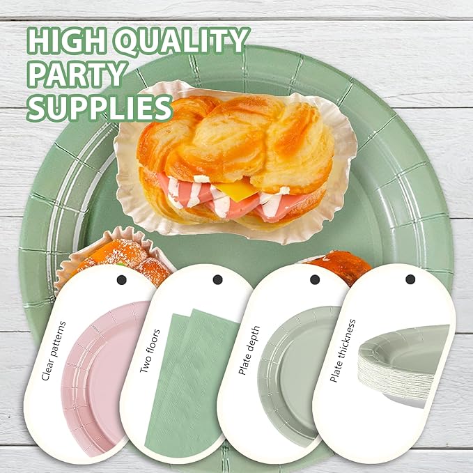 96Pcs Pink and Sage Green Birthday Party Decorations Pink Sage Green Dessert Plates and Napkins Sets Boho Bridal Shower Decorations for Girls Baby Shower Wedding Birthday Party Supplies Serves 24
