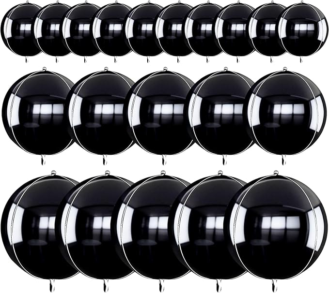 TONIFUL 16Pcs Large Black 4D Giant Round Foil Balloon 4D Mirror Metallic Mylar Sephere Balloons for Christmas New Year Birthday Party Graduation Wedding Baby Shower Decoration Supplies(Mix Sizes)