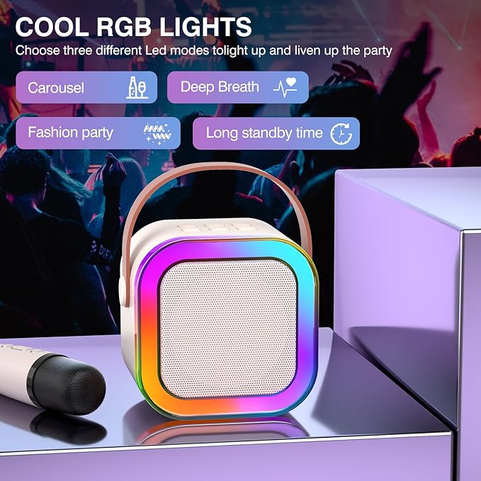 Mini Karaoke Machine for Kids Adults, Portable Bluetooth Karaoke Speaker with 2 Wireless Mics and LED Color Lights, Home Birthday Party for Girls/Boys Ages 3, 4, 5, 6, 7, 8, 9, 10,11, 12+ Year Old
