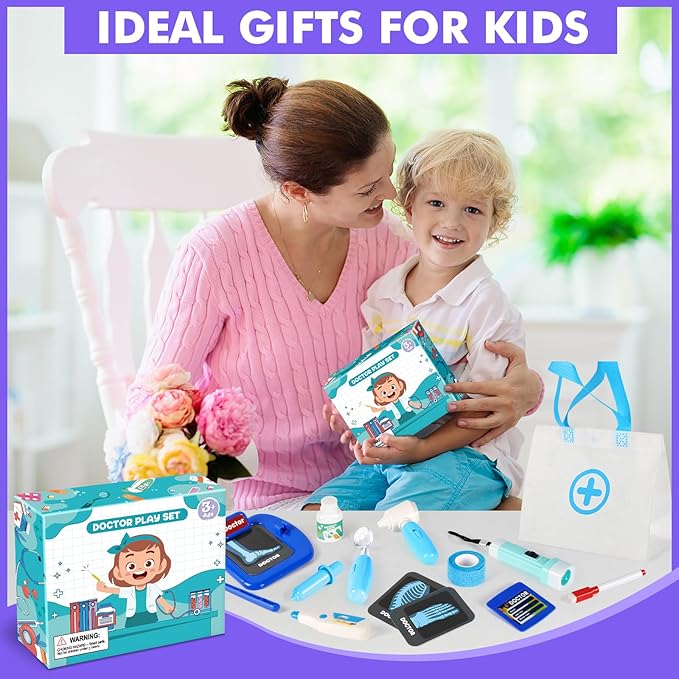 Kids Doctors Play Set, 15 Pcs Doctor Kit for Toddlers 3-5, Doctor Set with Real Stethoscope, Pretend Play Toys for Kids Boys and Girls, Halloween Christmas Birthday Gifts
