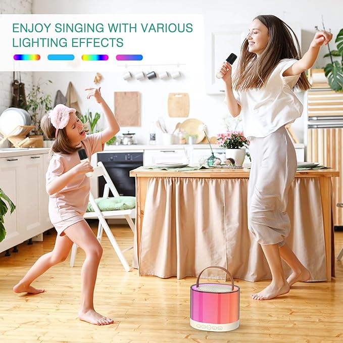 ORIA Mini Karaoke Machine, Bluetooth Karaoke Speaker with 2 Wireless Microphones, Wireless Karaoke Singing Machine with 5 Voice Changer, LED Colorful Lights, for Adults Kids Home Party