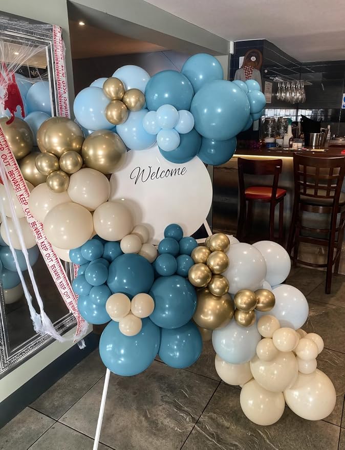 Dusty Blue Balloon Arch Garland Kit, 134PCS Ivory White, Slate Fog, Baby Blue and Gold Balloons for Baby Shower, Gender Reveal, Birthday Backdrop, Wedding, Bridal Shower Party Decor