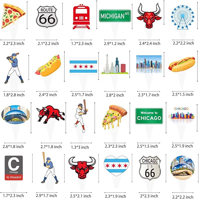 Chicago Cupcake Toppers US Chicago City Party Decorations 48PCS Chicago Theme Party Cupcake Picks Chicago Illinois Cake Decorations for Michigan Welcome to Chicago Party Supplies