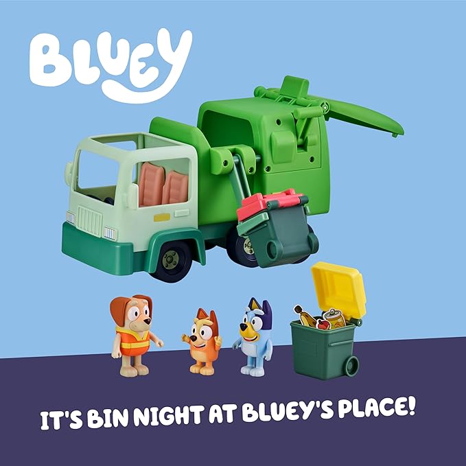 Bluey Garbage Truck Playset, Bingo & Bin Man Figures, Garbage Truck Toys for Boys Age 4-7 w/ Characters, Interactive Lever Action
