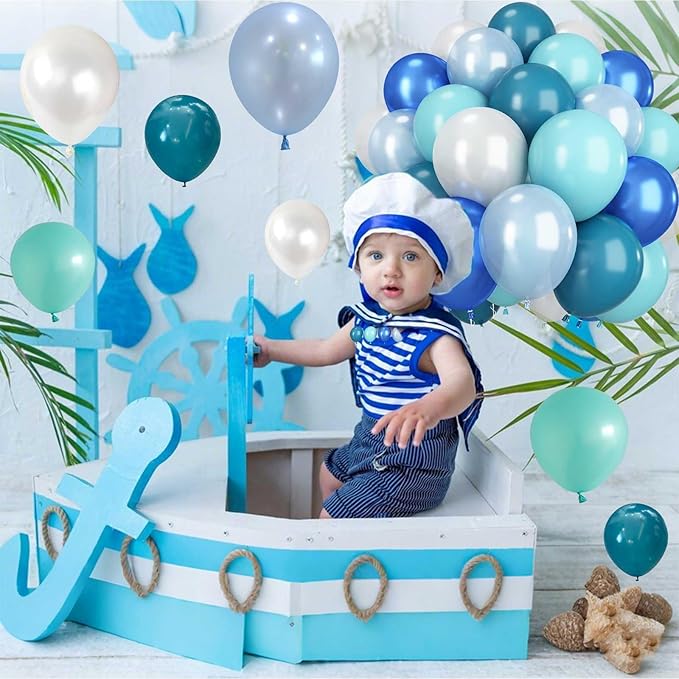 Teal Blue White Balloons 12Inch Under The Sea Balloon Ocean Balloons Turquoise Pearl Metallic Blue and White Latex Balloon for Boys Men Birthday Baby Shower Pool Beach Party Decorations