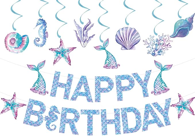 Zwiebeco Mermaid Happy Birthday Party Decoration Banner Bunting Garland Hanging Paper Swirls Kit for Kids Girls Under the Sea Theme Accessories Supplies