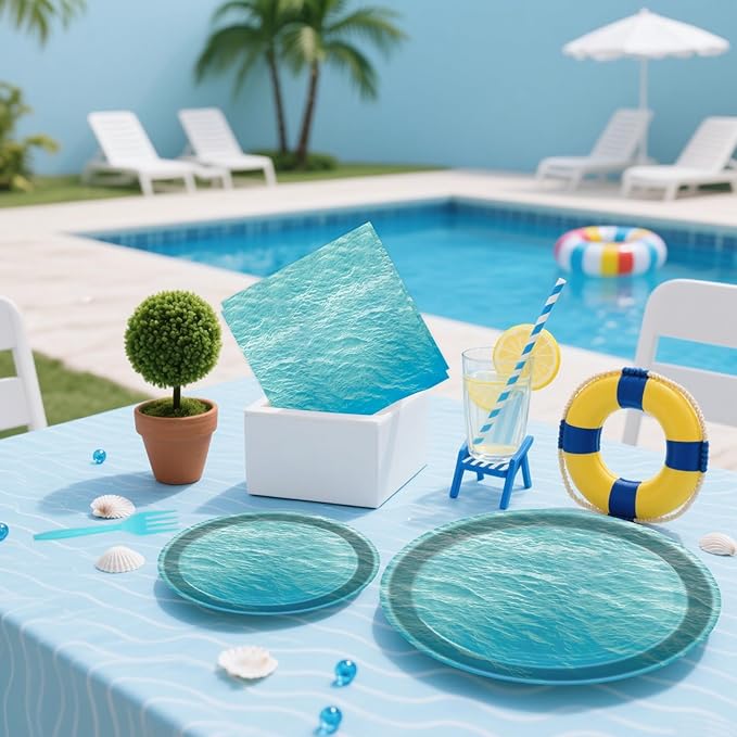 96 Pcs Ocean Sea Plates and Napkins Party Supplies, Ocean Waves Paper Plates Napkins and Forks Disposable Tableware Set for Summer Baby Shower Birthday Party Decorations Serves Serves 24 (Ocean)